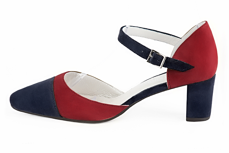 Navy blue and cardinal red women's open side shoes, with an instep strap. Round toe. Medium block heels. Profile view - Florence KOOIJMAN